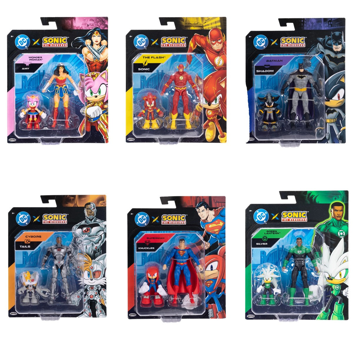 Los seis empaques del surtido DC x Sonic con parejas de figuras Sonic y héroes DC