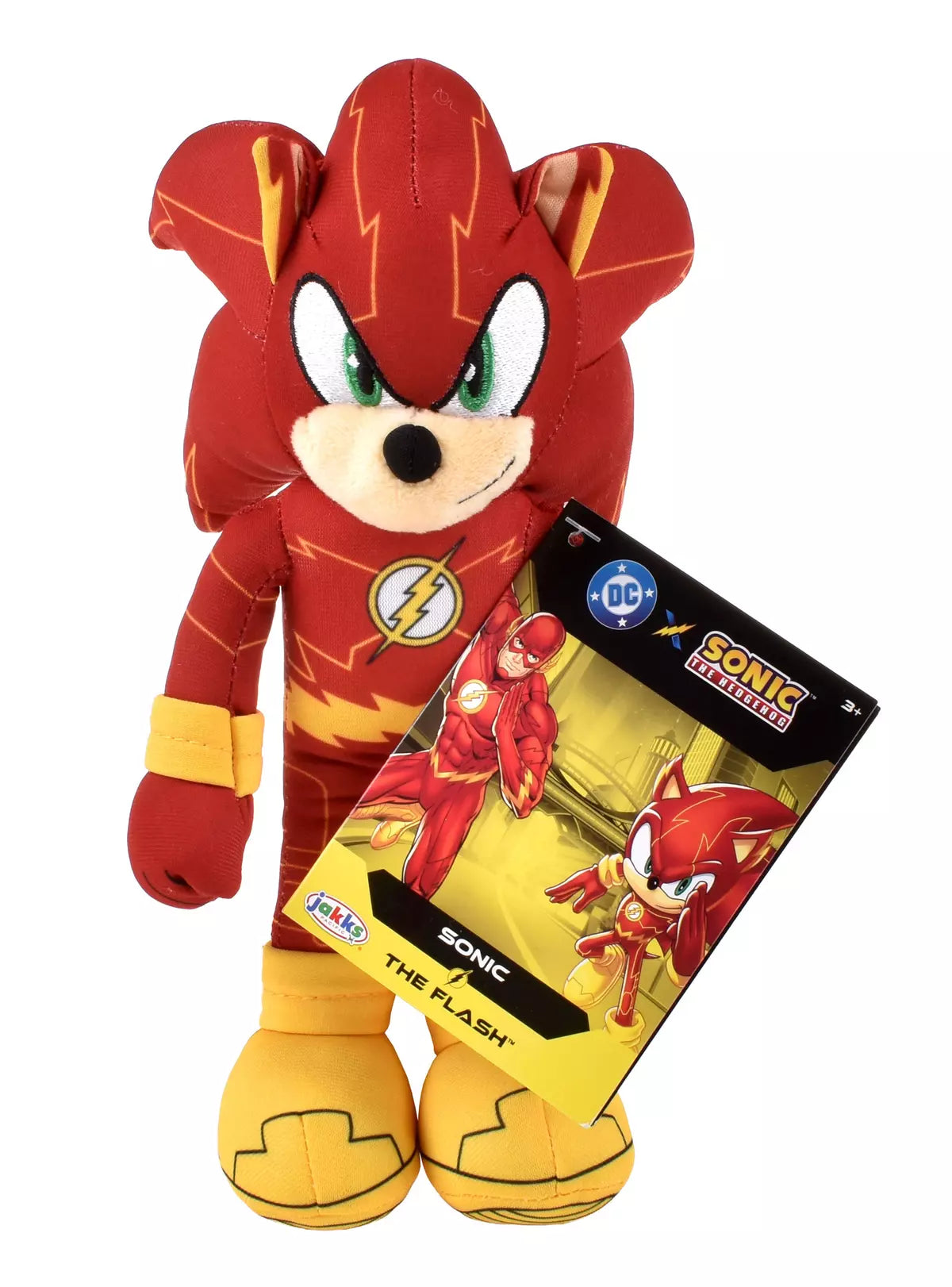 Peluche Sonic como The Flash con etiqueta DC x Sonic the Hedgehog de Jakks