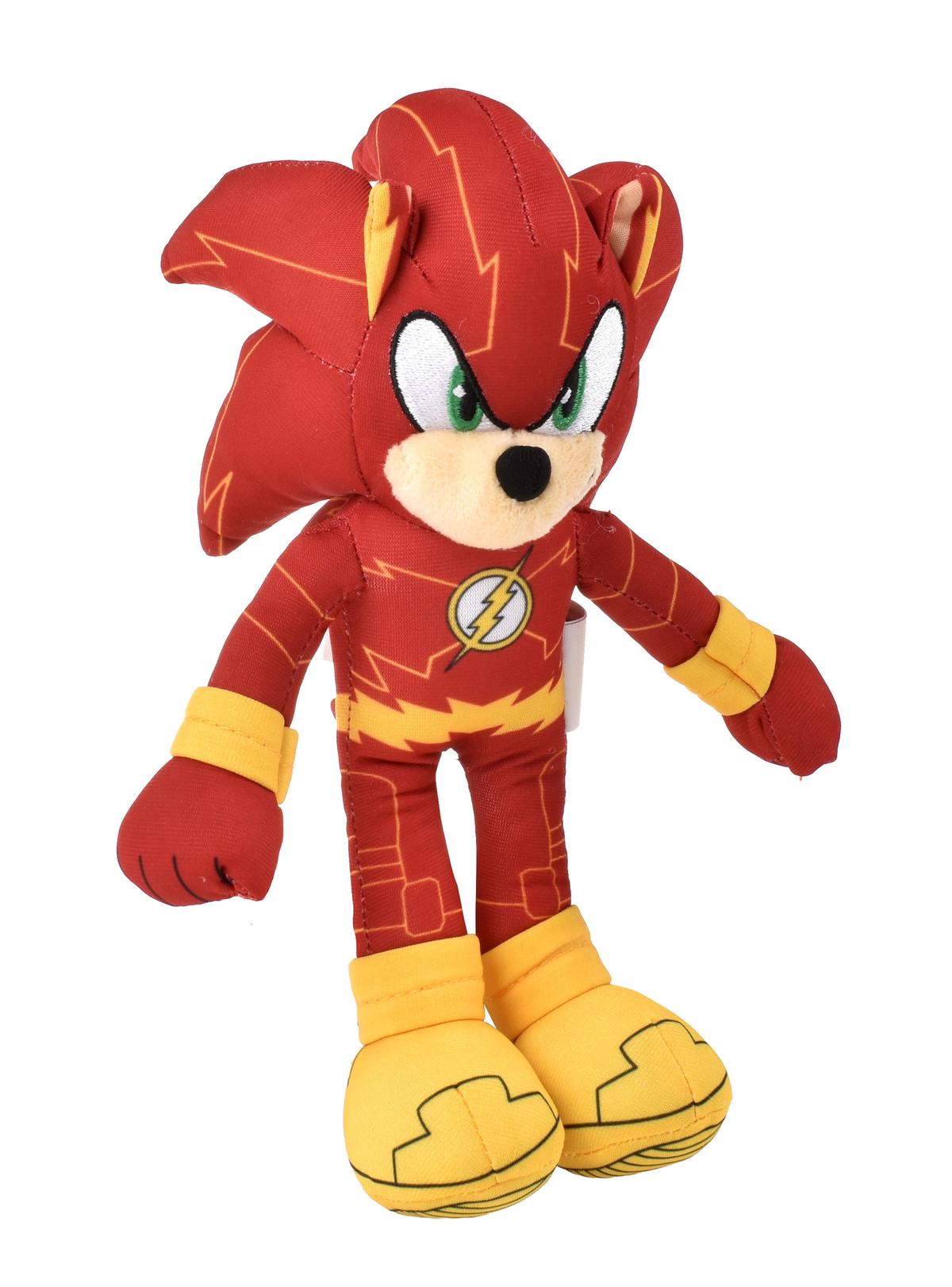 Peluche Sonic The Flash de 23 cm visto de frente con traje rojo y rayo amarillo