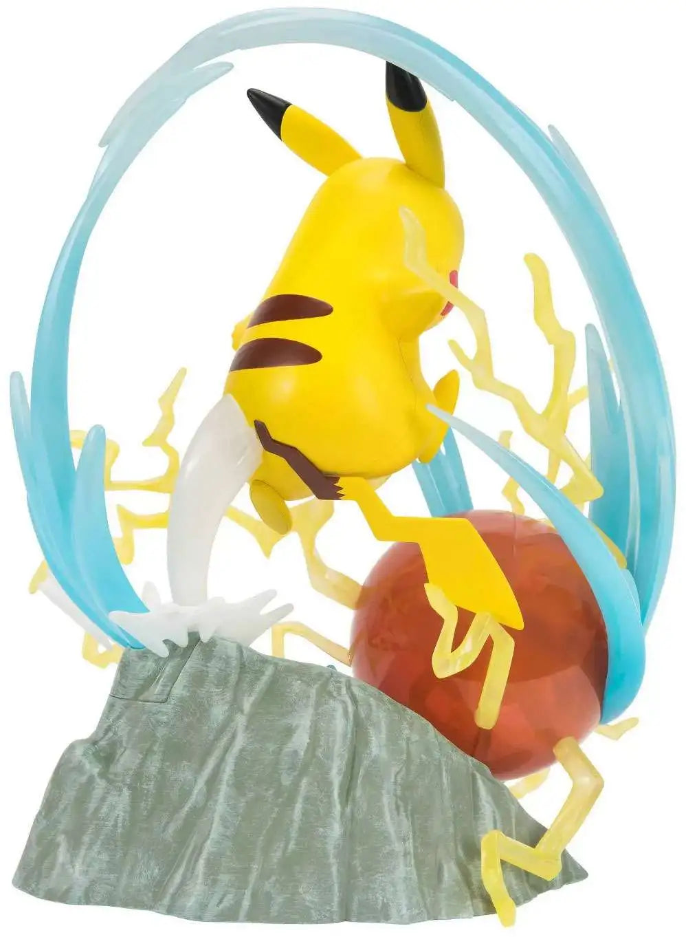 Vista posterior de la figura Pikachu Light FX mostrando cola y base de roca