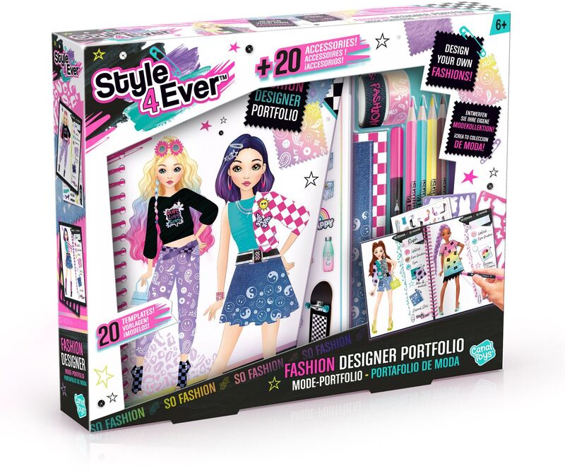 Set Fashion Designer Portfolio armado junto a su caja, con plantillas y lápices