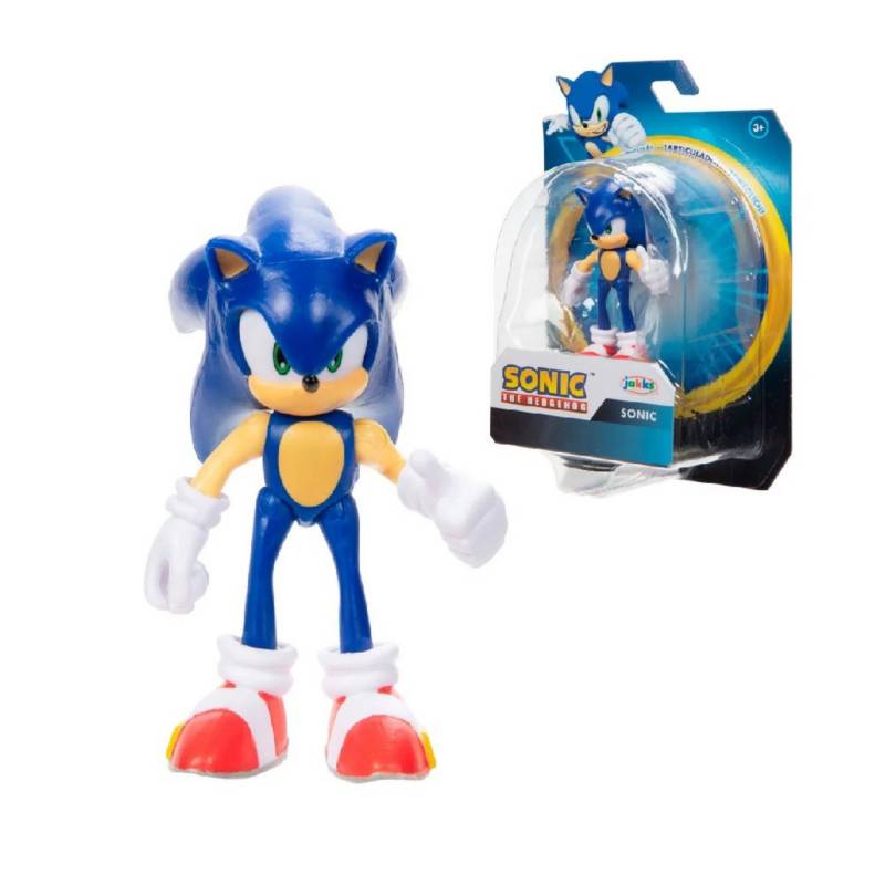 Figura articulada de Sonic junto a su empaque blíster de Jakks Pacific