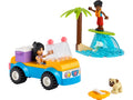 Set LEGO Friends 41725 armado con buggy azul, palmera, ola con delfín, Liann, Zac y pug