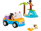 Set LEGO Friends 41725 armado con buggy azul, palmera, ola con delfín, Liann, Zac y pug