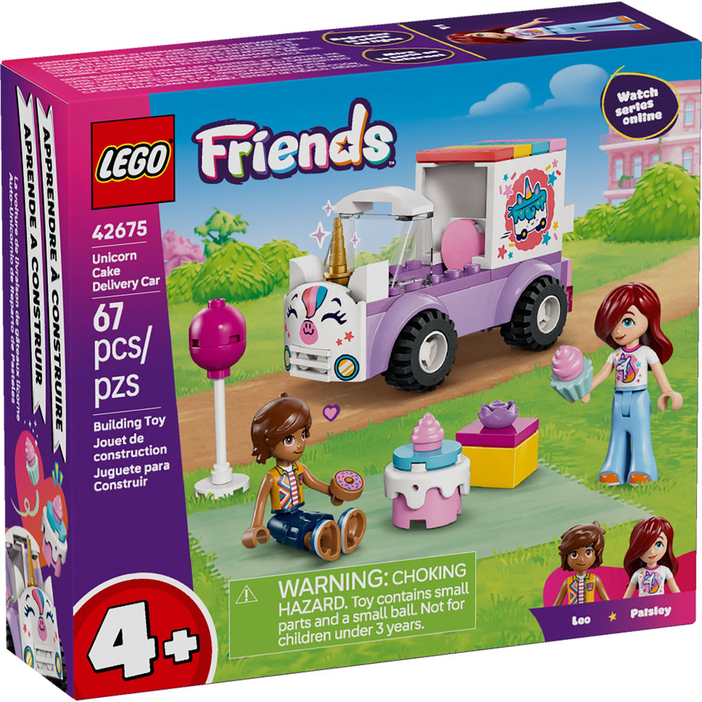 Caja del set LEGO Friends 42675 Auto-unicornio de reparto de pasteles de 67 piezas