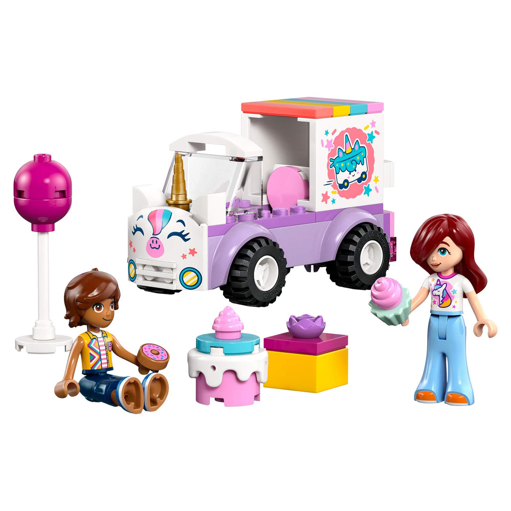 Auto-unicornio lila armado con Paisley, Leo, globo, torta y regalos