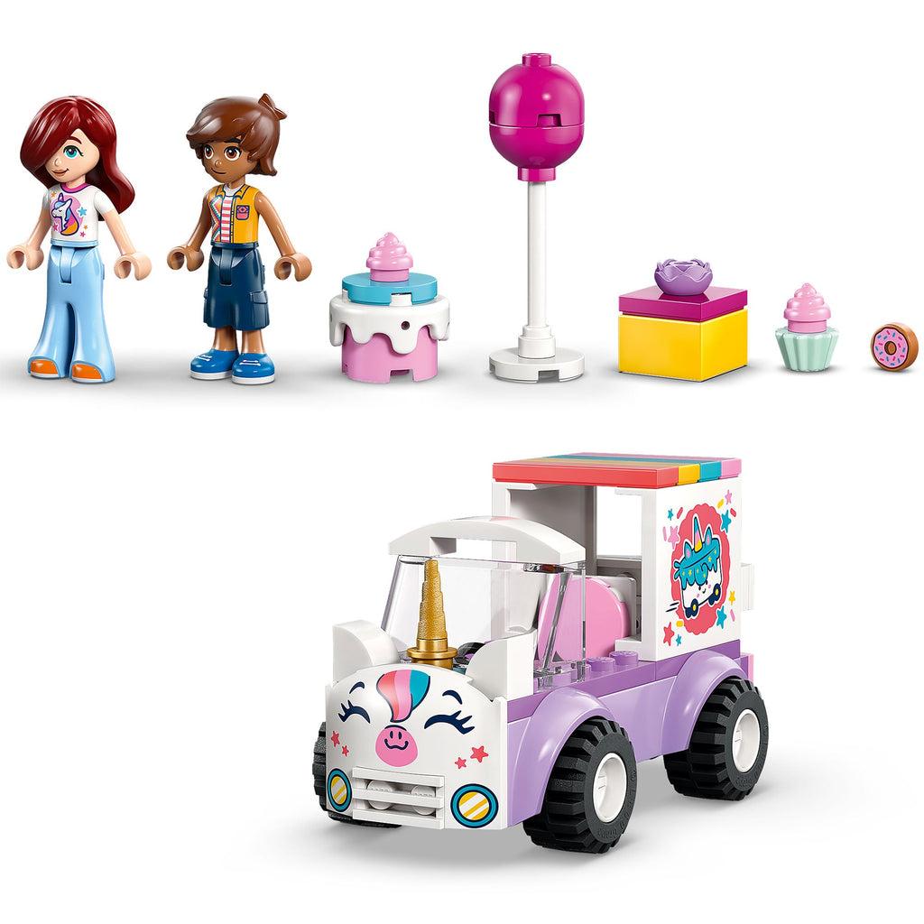 Minipersonajes Paisley y Leo con accesorios de cumpleaños y el auto-unicornio