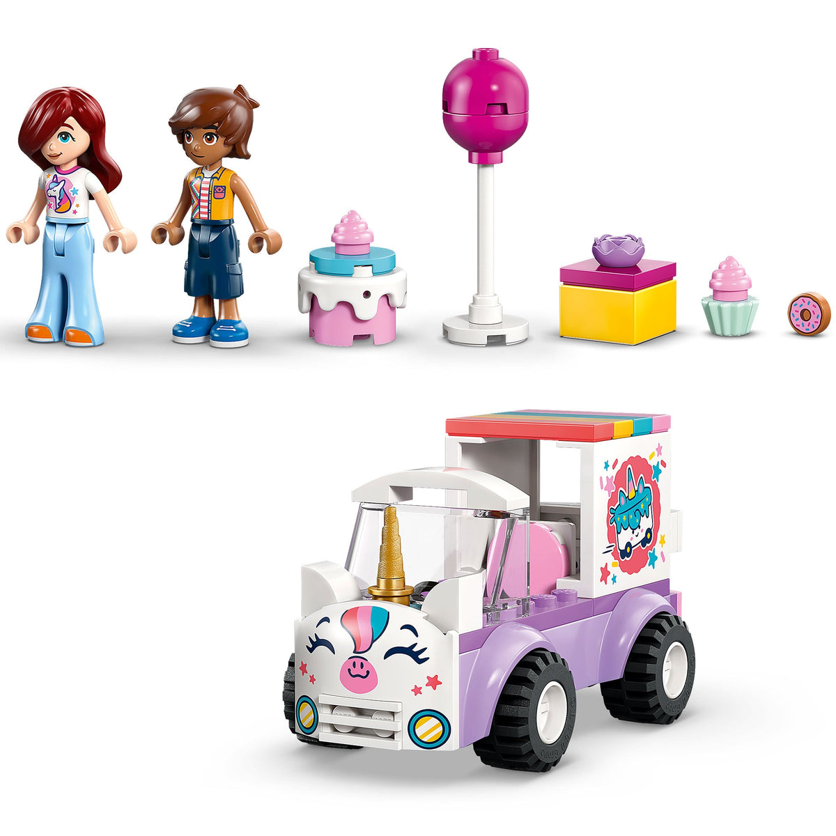 Minipersonajes Paisley y Leo con accesorios de cumpleaños y el auto-unicornio