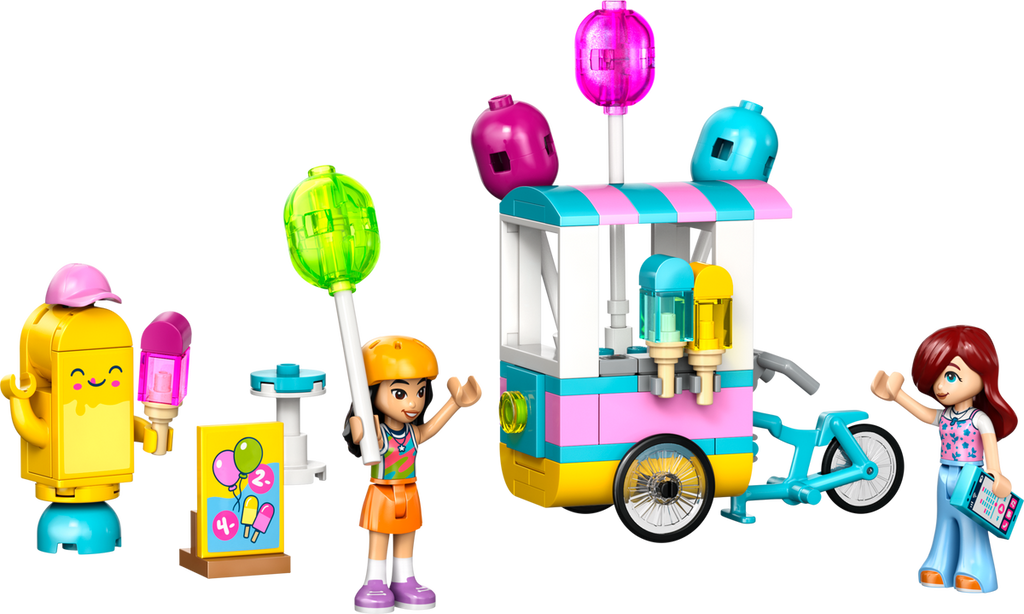 Set LEGO Friends 42692 armado: carrito de helados con globos, minifiguras de Liann y Paisley y mascota de helado