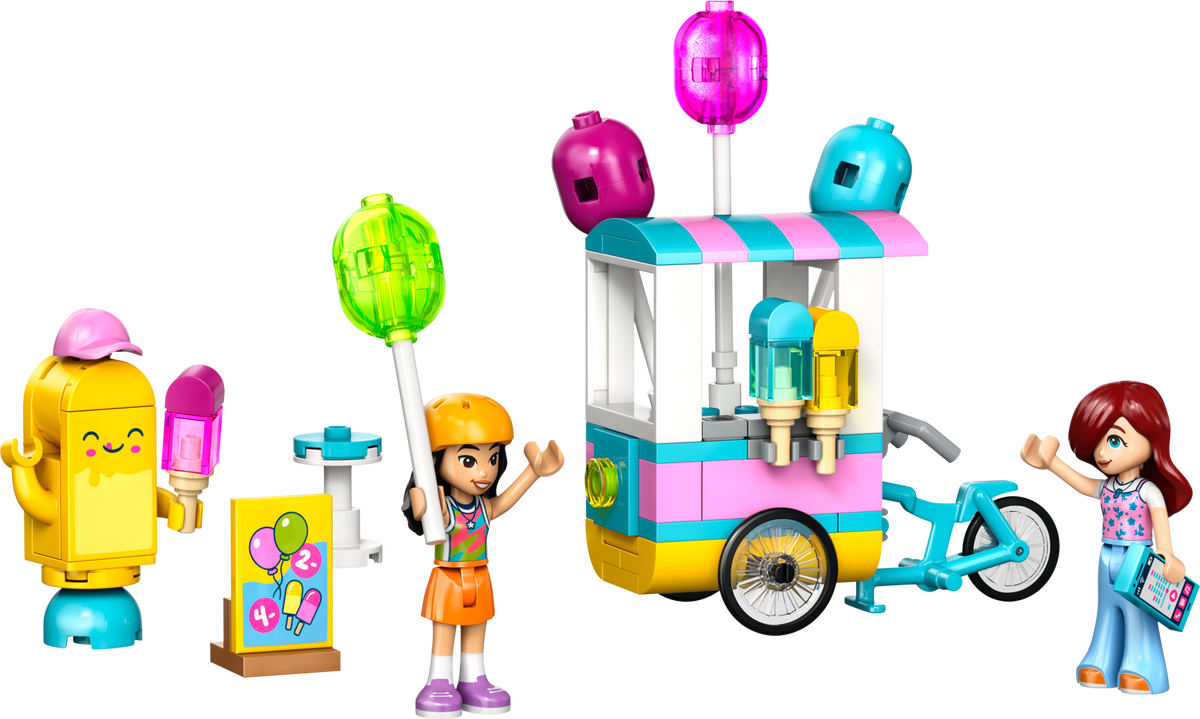 Set LEGO Friends 42692 armado: carrito de helados con globos, minifiguras de Liann y Paisley y mascota de helado