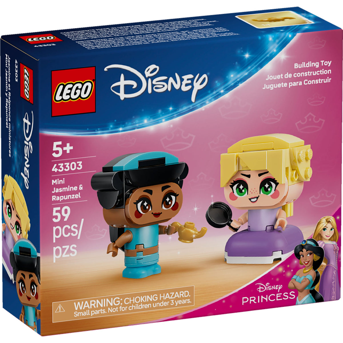 Caja del set LEGO Disney 43303 Mini Jasmine y Rapunzel de 59 piezas