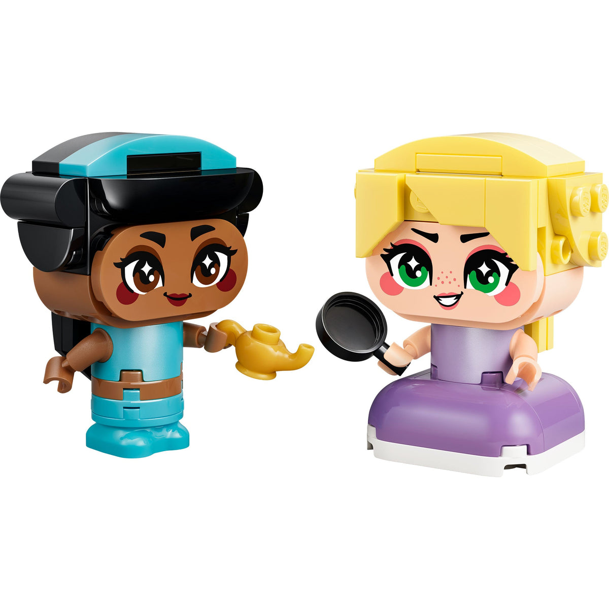 Figuras LEGO mini de Jasmín con lámpara mágica y Rapunzel con sartén