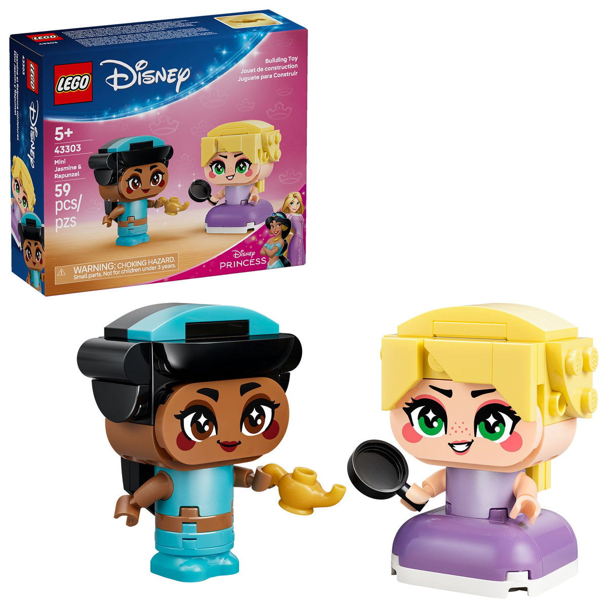 Caja del set 43303 junto a las princesas Jasmín y Rapunzel armadas