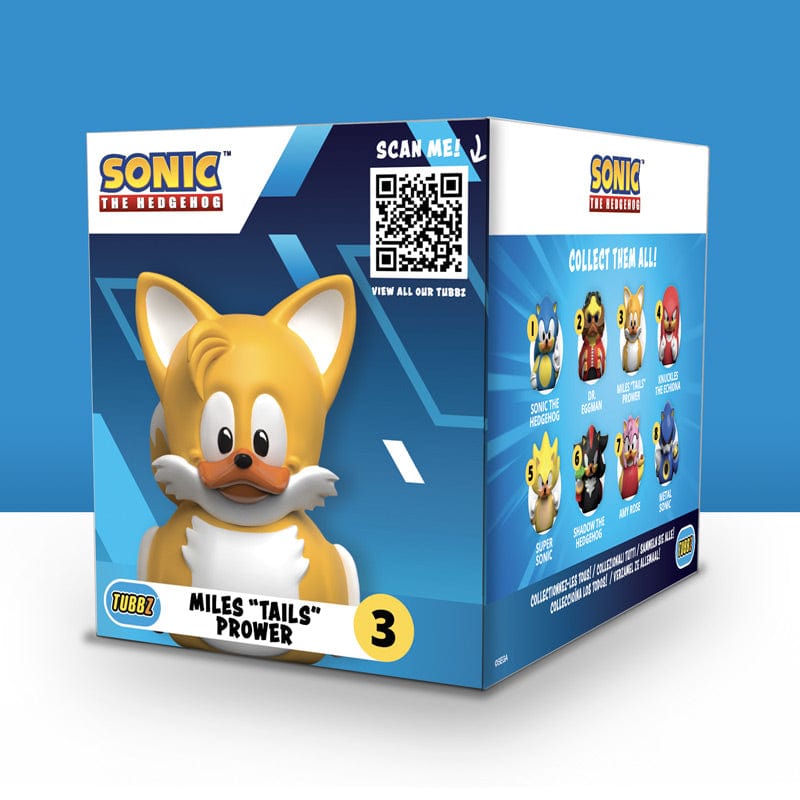 Parte trasera de la caja Tubbz Tails con la colección de personajes Sonic