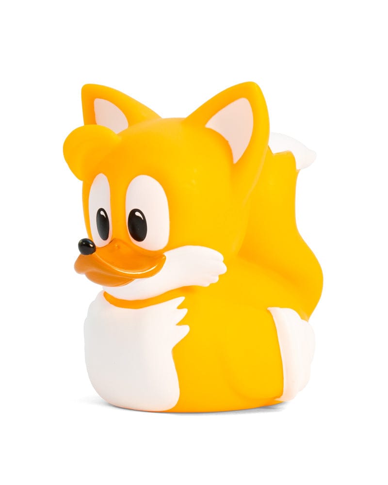 Pato Tubbz Tails amarillo con sus dos colas, vista lateral