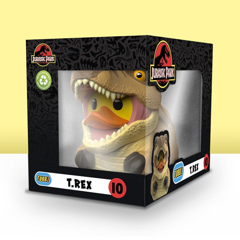 Pato Tubbz T-Rex de Jurassic Park dentro de su caja de exhibición negra