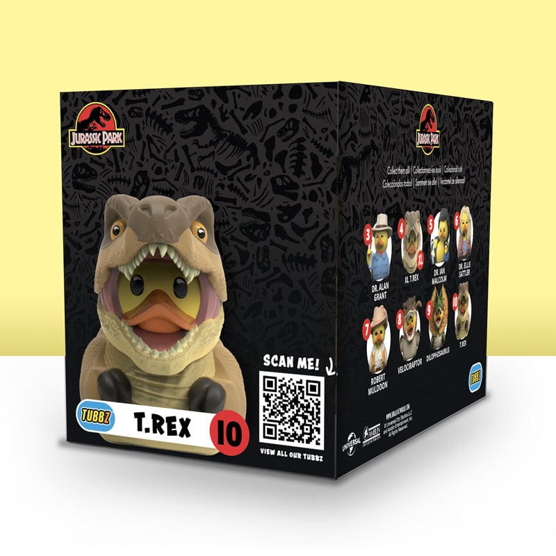 Parte trasera de la caja Tubbz T-Rex con código QR y colección Jurassic Park