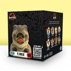 Parte trasera de la caja Tubbz T-Rex con código QR y colección Jurassic Park