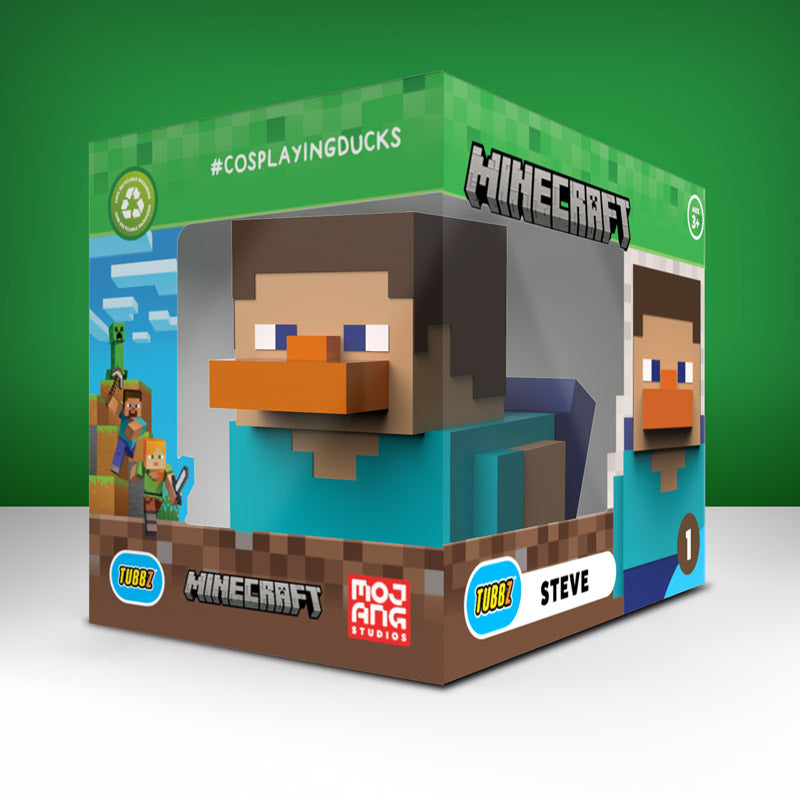 Pato Tubbz Steve de Minecraft dentro de su caja de colección verde