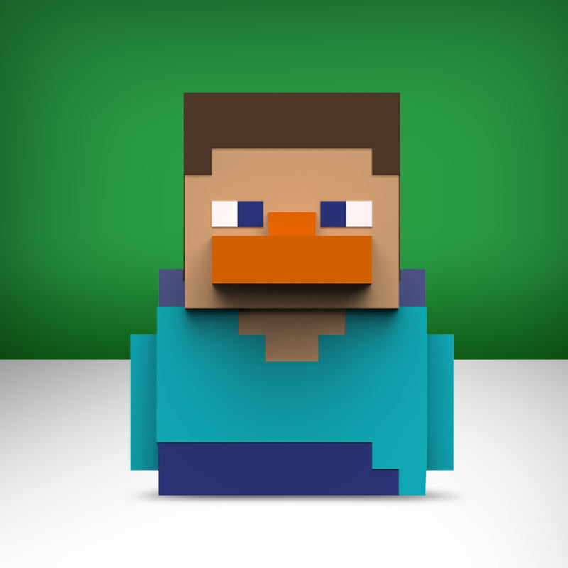 Vista frontal del pato Steve con rostro pixelado y polera turquesa