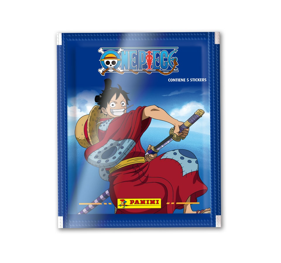 Sobre Panini One Piece con Luffy en kimono, contiene 5 stickers