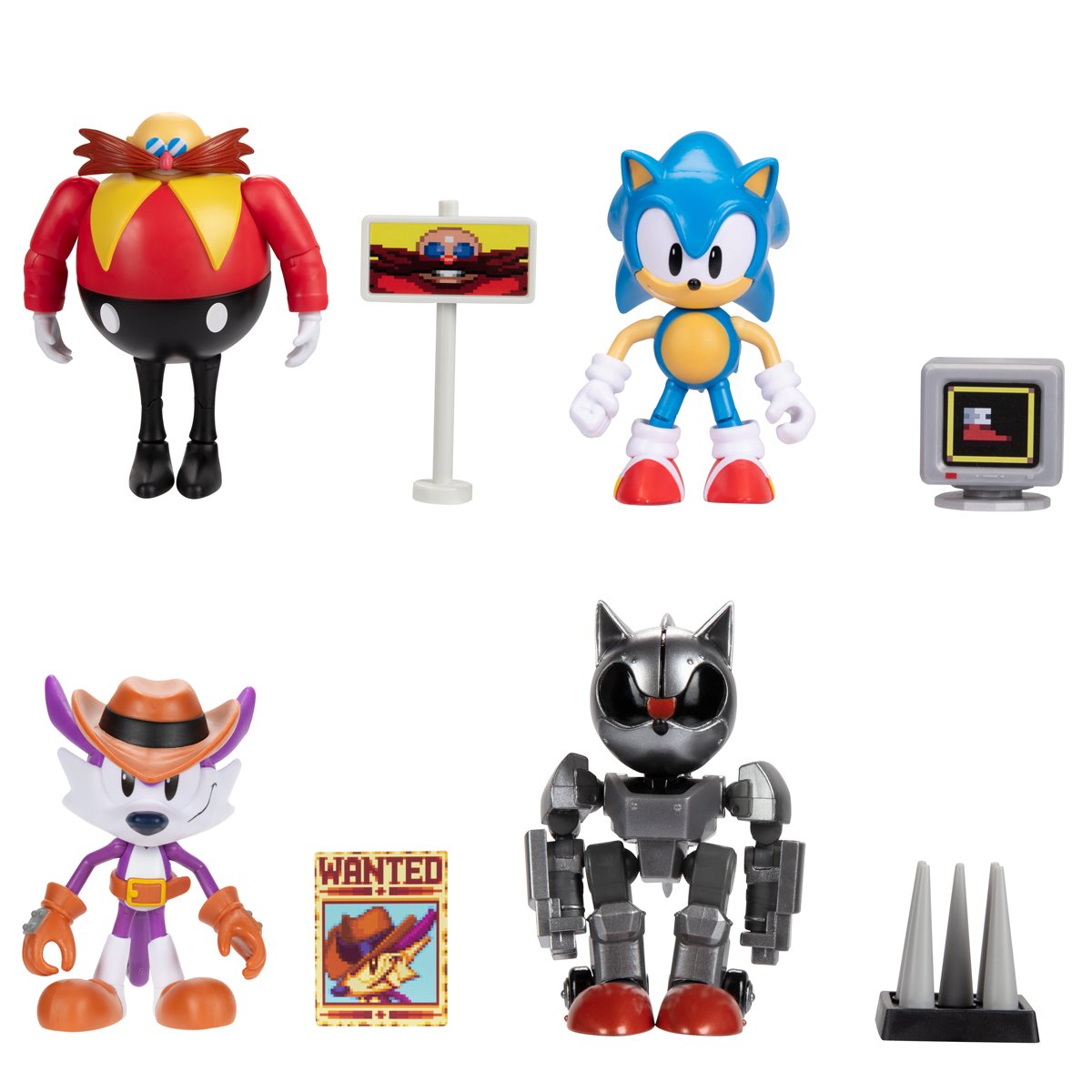 Surtido de figuras Sonic Wave 19 de Jakks: Dr. Eggman, Sonic, Fang y Mecha Sonic con sus accesorios