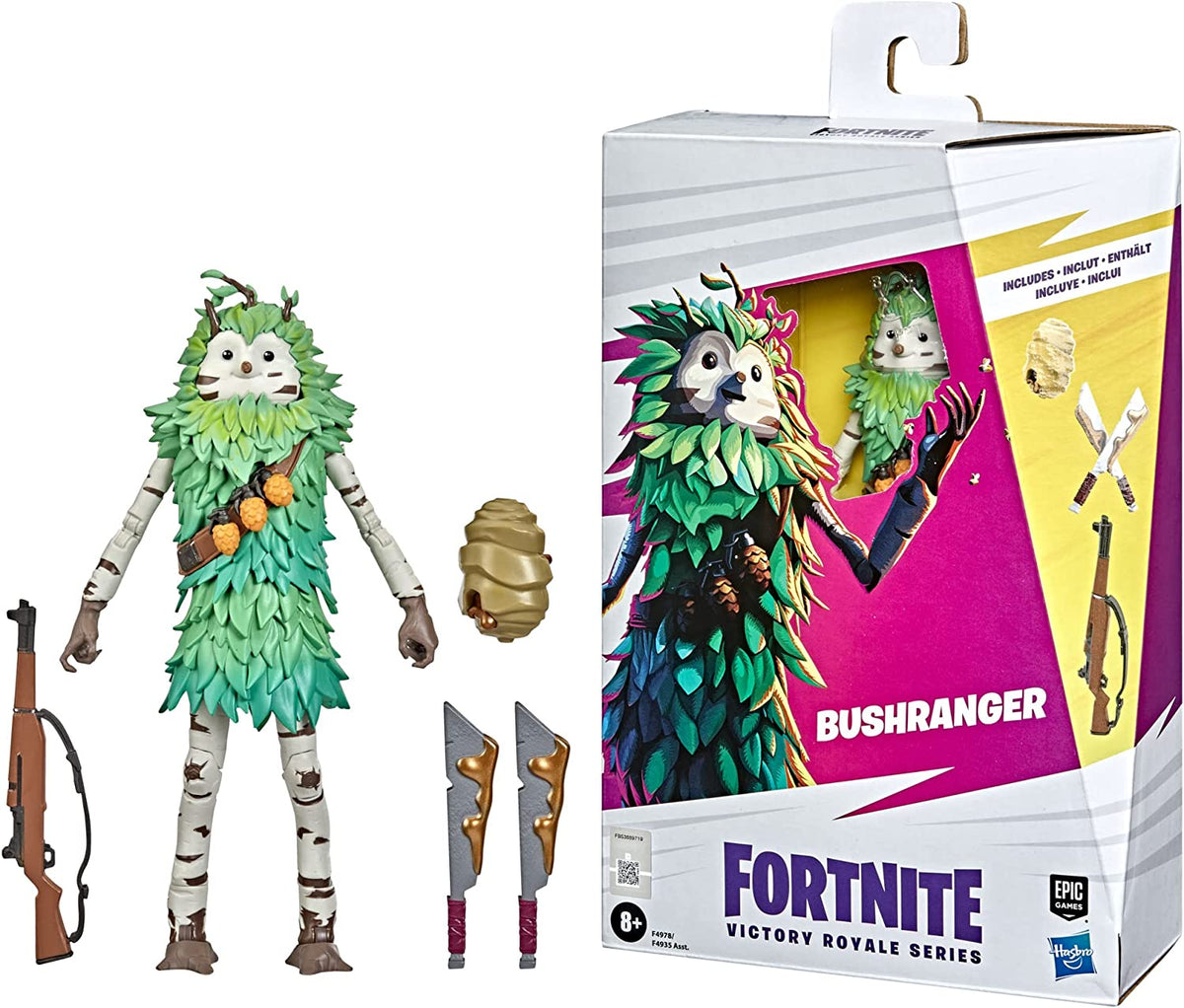 Figura Fortnite Bushranger junto a su caja y accesorios Victory Royale Series