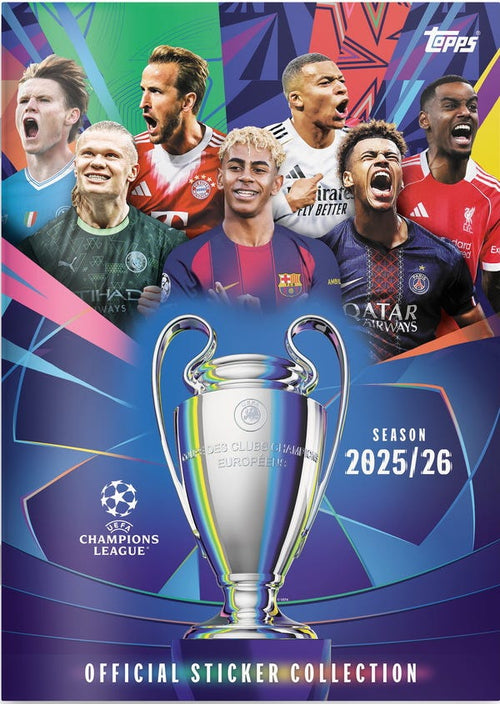 Portada del álbum Topps UEFA Champions League temporada 2025/26 con la copa y jugadores estrella