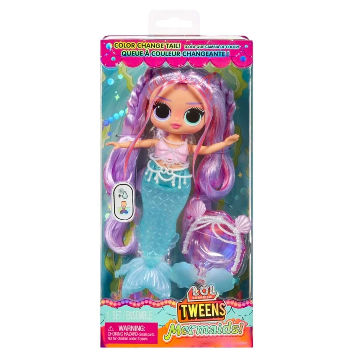 Muñeca L.O.L. Surprise Tweens Mermaids en su caja, sirena de cola celeste y cabello lila, modelo de ejemplo