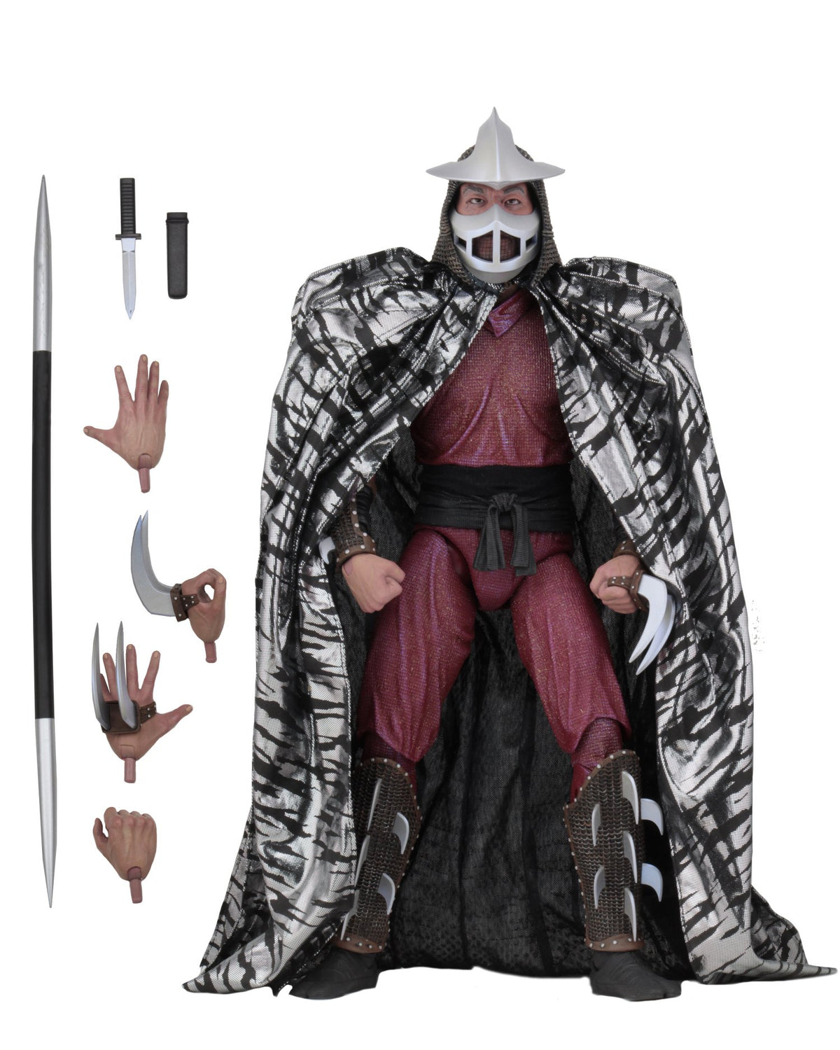 Figura Shredder NECA escala 1/4 con capa, lanza, cuchillo y manos intercambiables