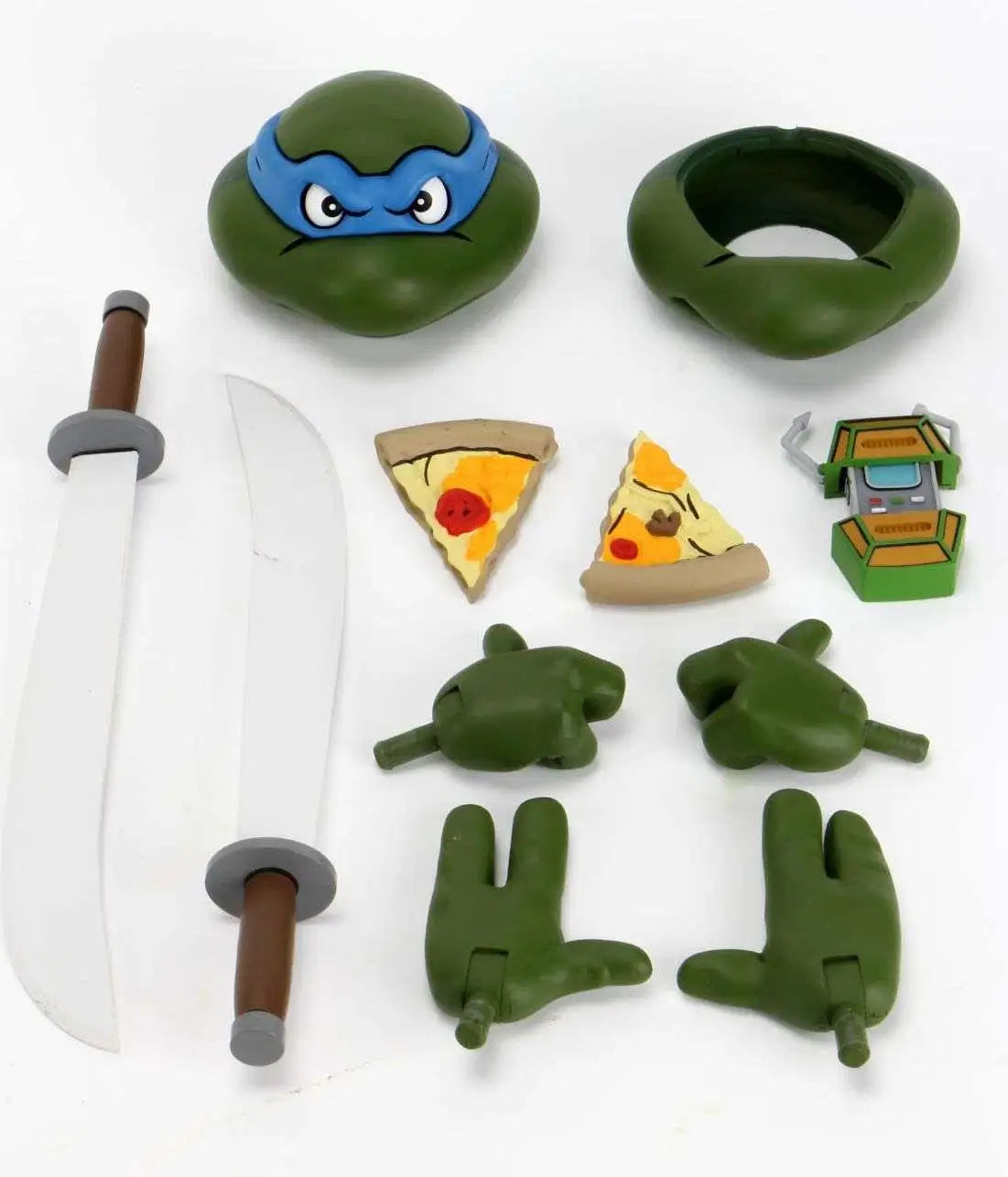 Accesorios de Leonardo: katanas, manos, pizza, comunicador y piezas faciales