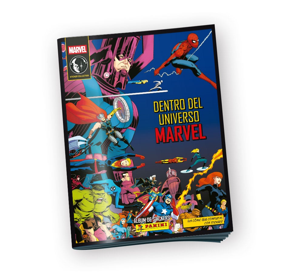 Álbum de stickers Dentro del Universo Marvel con Galactus, Spider-Man, Thor y Hulk en la portada