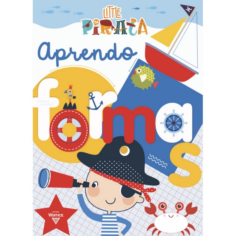 Portada del libro de actividades Little Pirata Aprendo formas, con niño pirata, barco y cangrejo