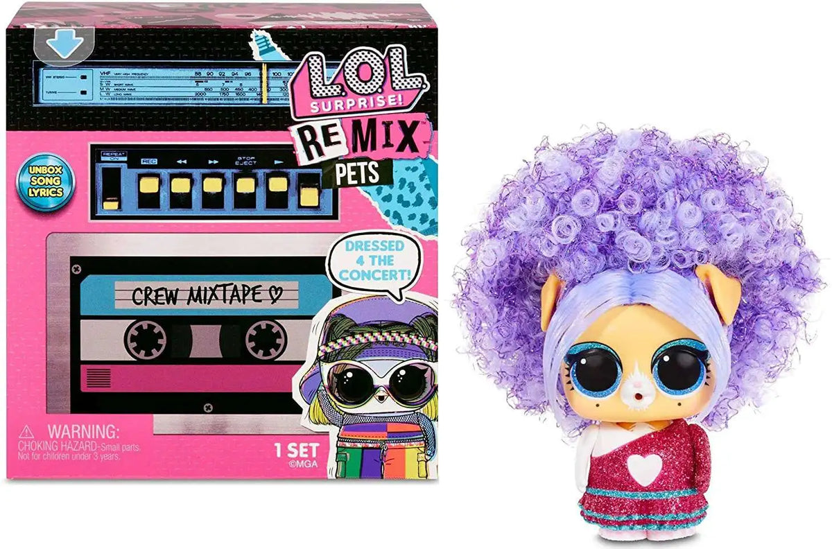 Caja tipo cassette L.O.L. Surprise Remix Pets junto a mascota de pelo morado rizado