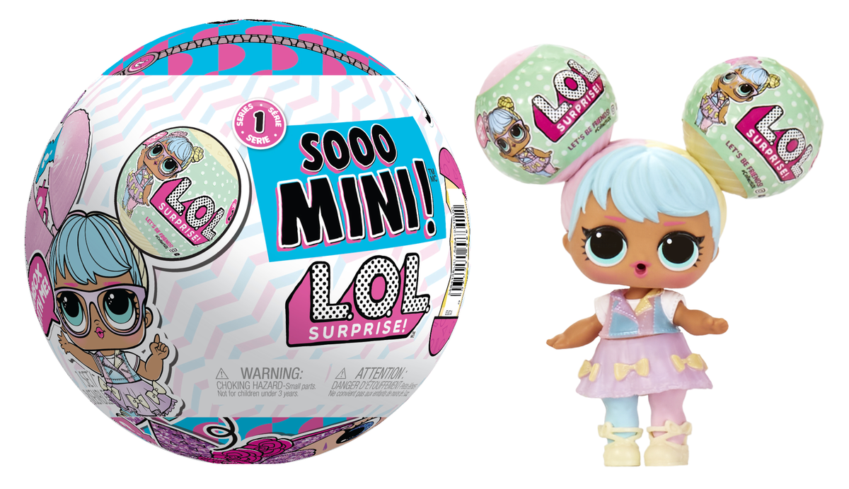 Esfera L.O.L. Surprise! Sooo Mini! junto a una muñeca con minibolas en el peinado