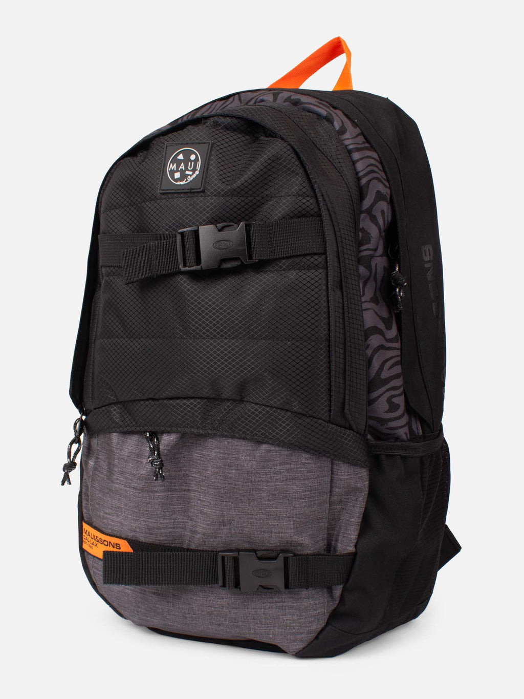 Mochila Maui and Sons negra con base gris melange y asa naranja, vista lateral
