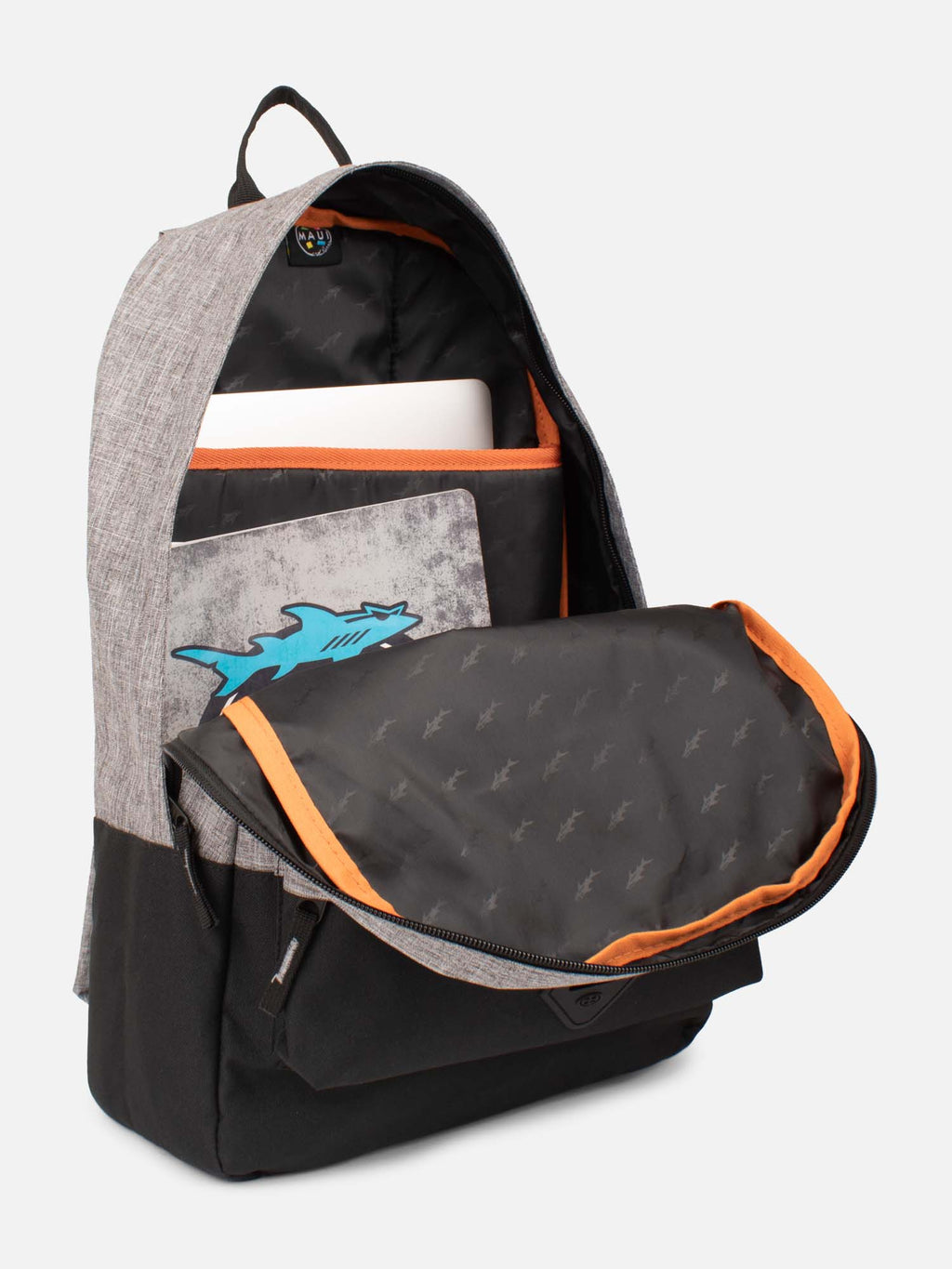 Mochila gris melange Maui and Sons abierta con compartimento para notebook