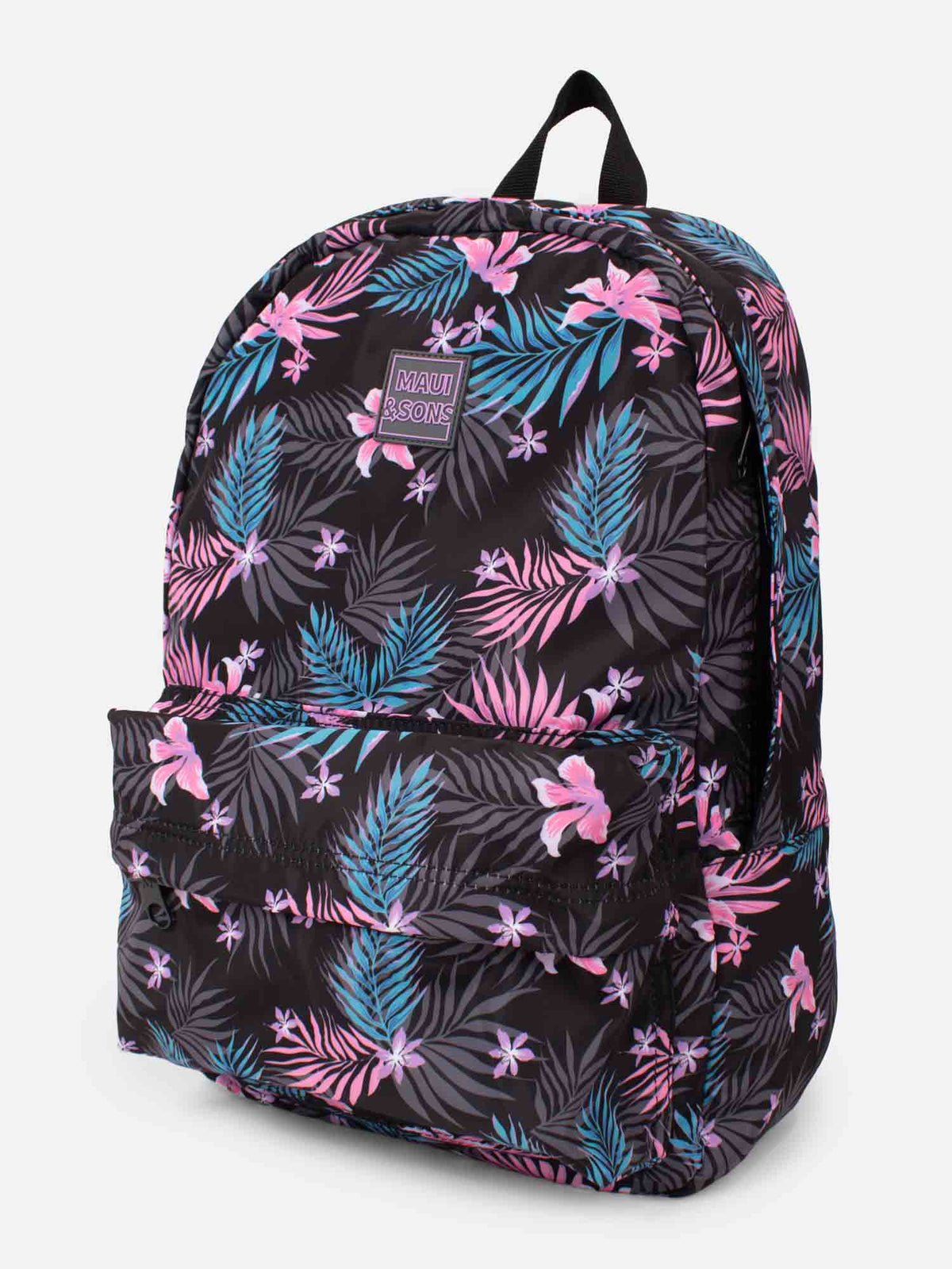 Mochila Maui and Sons negra con estampado de flores y hojas tropicales rosadas y celestes, vista lateral