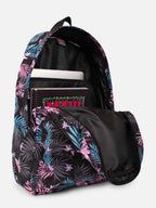 Mochila floreada Maui and Sons abierta mostrando compartimento para notebook y cuadernos