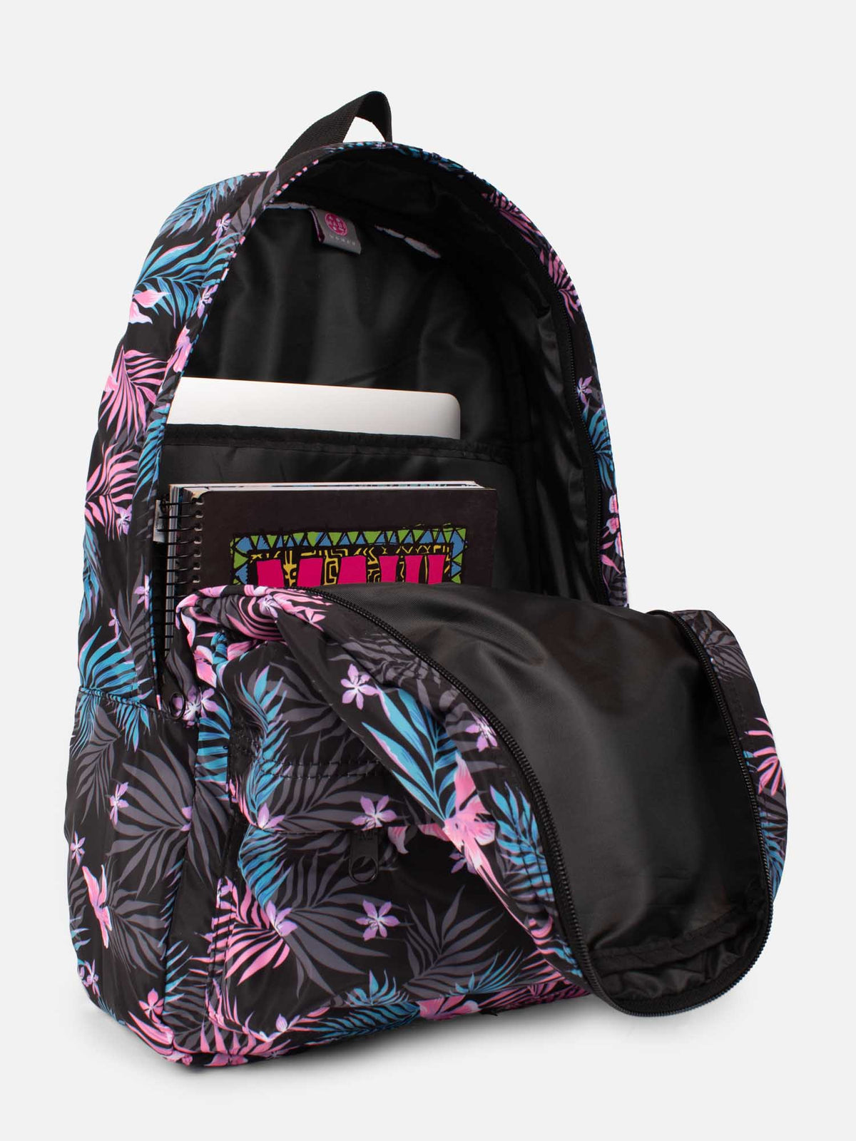 Mochila floreada Maui and Sons abierta mostrando compartimento para notebook y cuadernos