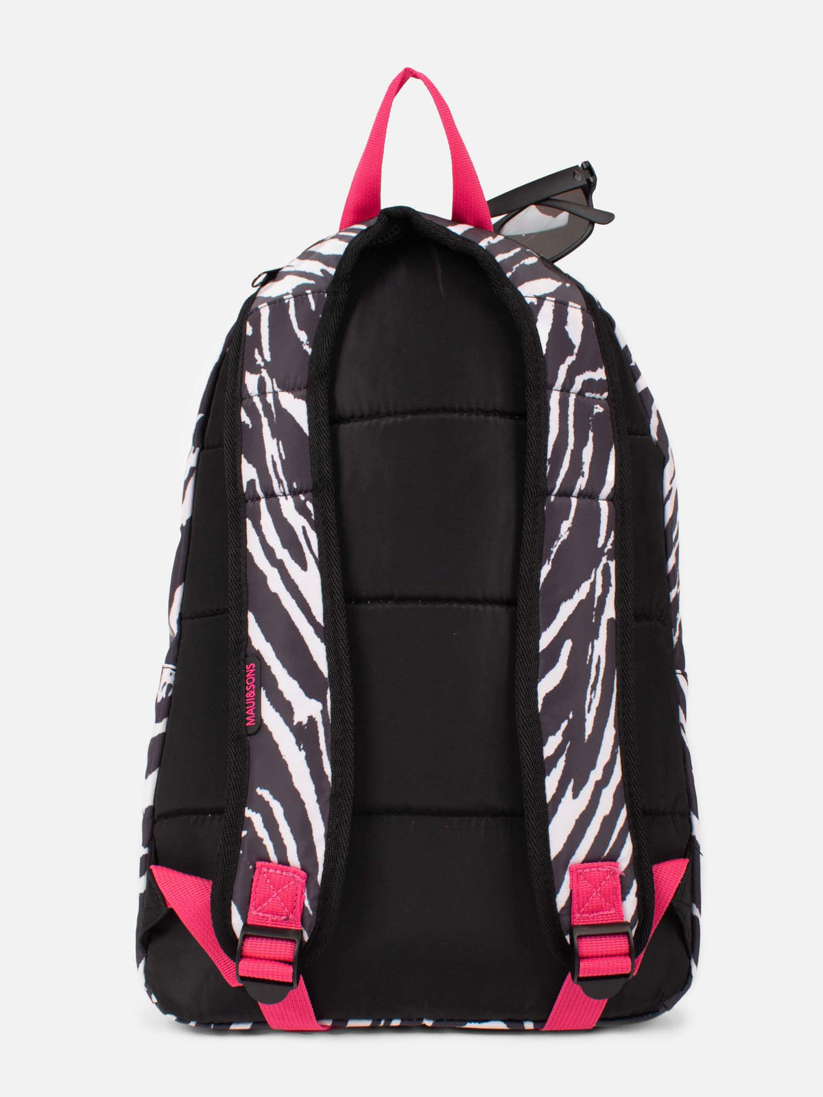 Espalda de mochila estampado cebra Maui and Sons con tirantes negros y ajustes fucsia