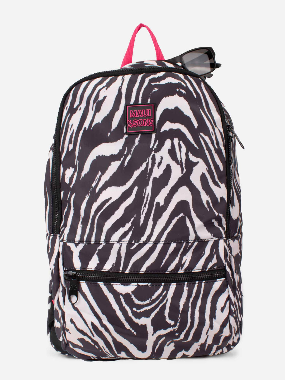Mochila estampado cebra Maui and Sons vista de frente con parche de logo fucsia