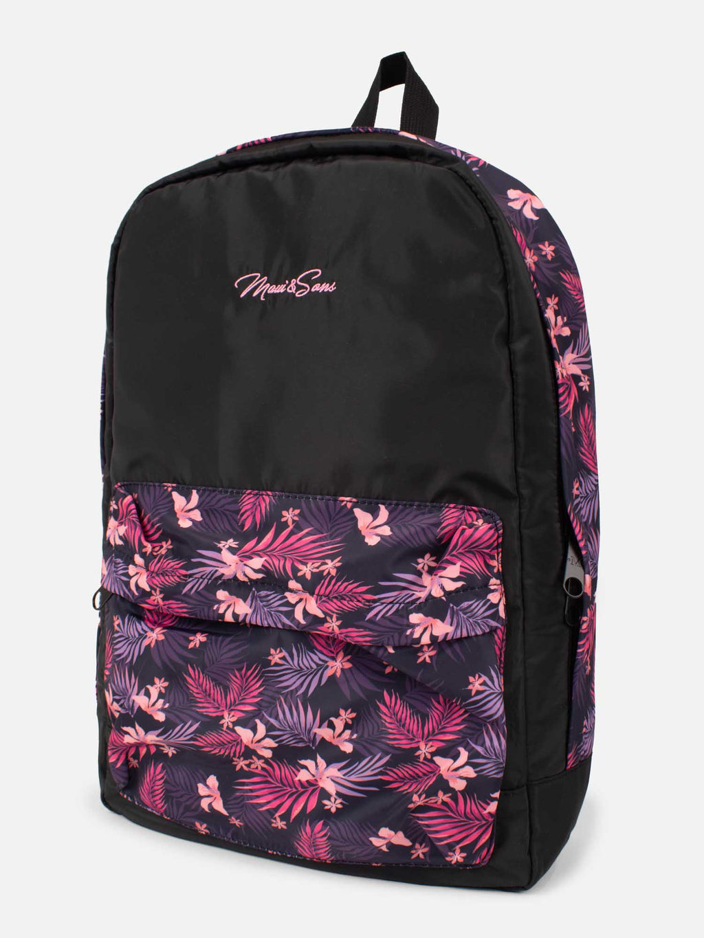 Mochila Maui and Sons negra con bolsillo frontal de flores tropicales rosadas y moradas, vista lateral
