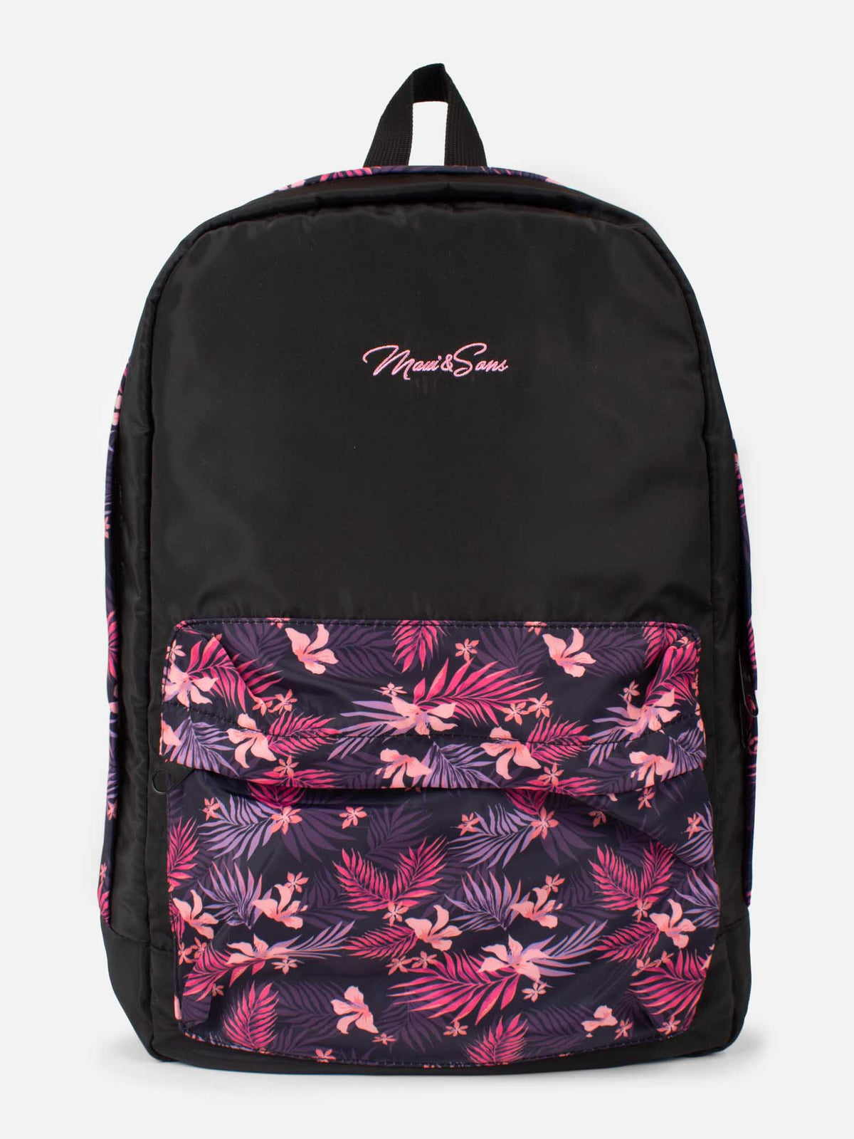 Mochila Maui and Sons negra con logo bordado y bolsillo floral, vista de frente