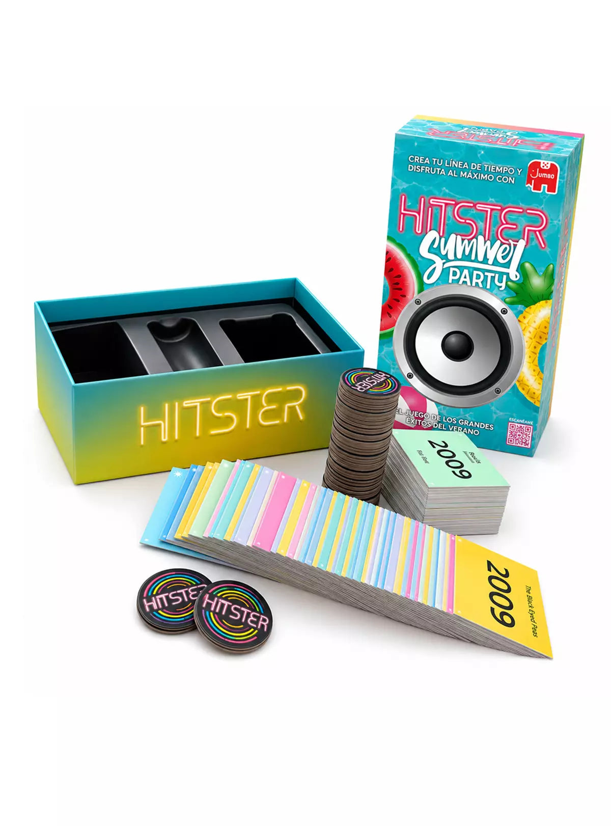 Bandeja abierta de Hitster con mazo de cartas de colores y fichas
