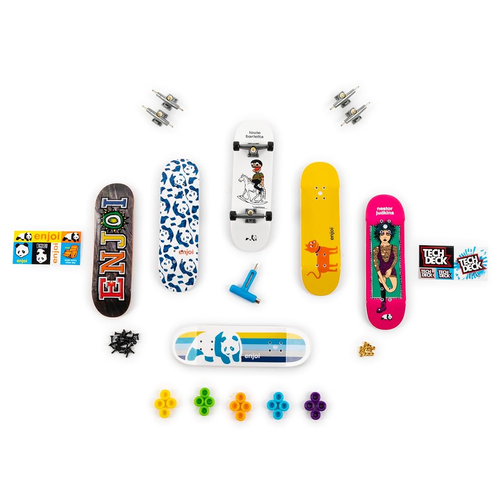 Contenido del pack Tech Deck: 6 tablas, trucks, ruedas, herramienta y stickers