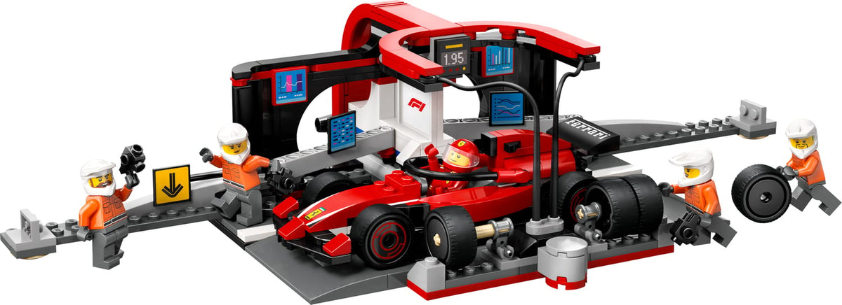 Set LEGO City 60443 armado: parada en pits con auto Ferrari de F1 y mecánicos
