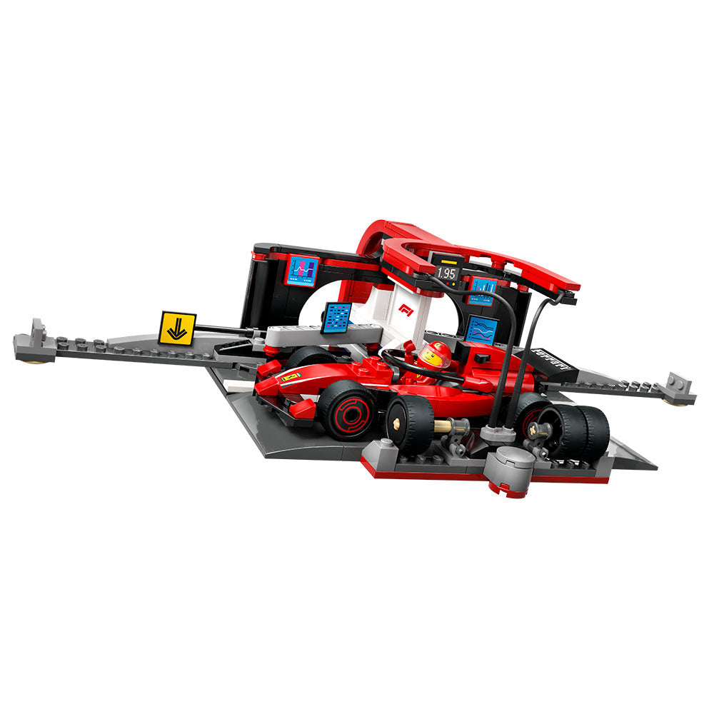 Vista frontal de la estación de pits LEGO con el monoplaza Ferrari rojo