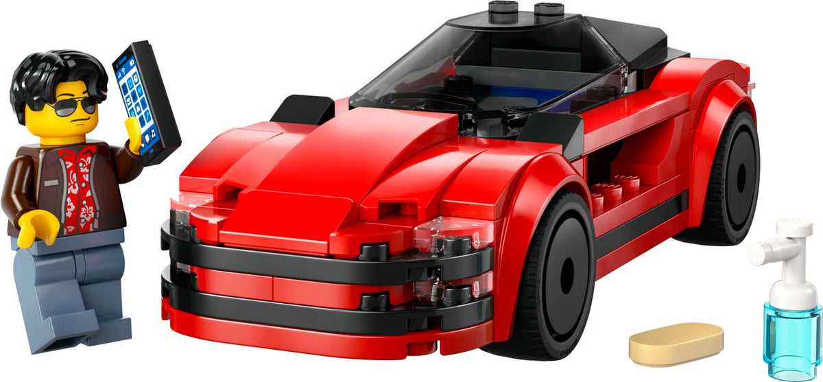 Auto deportivo rojo LEGO City armado junto a minifigura con celular, rociador y esponja