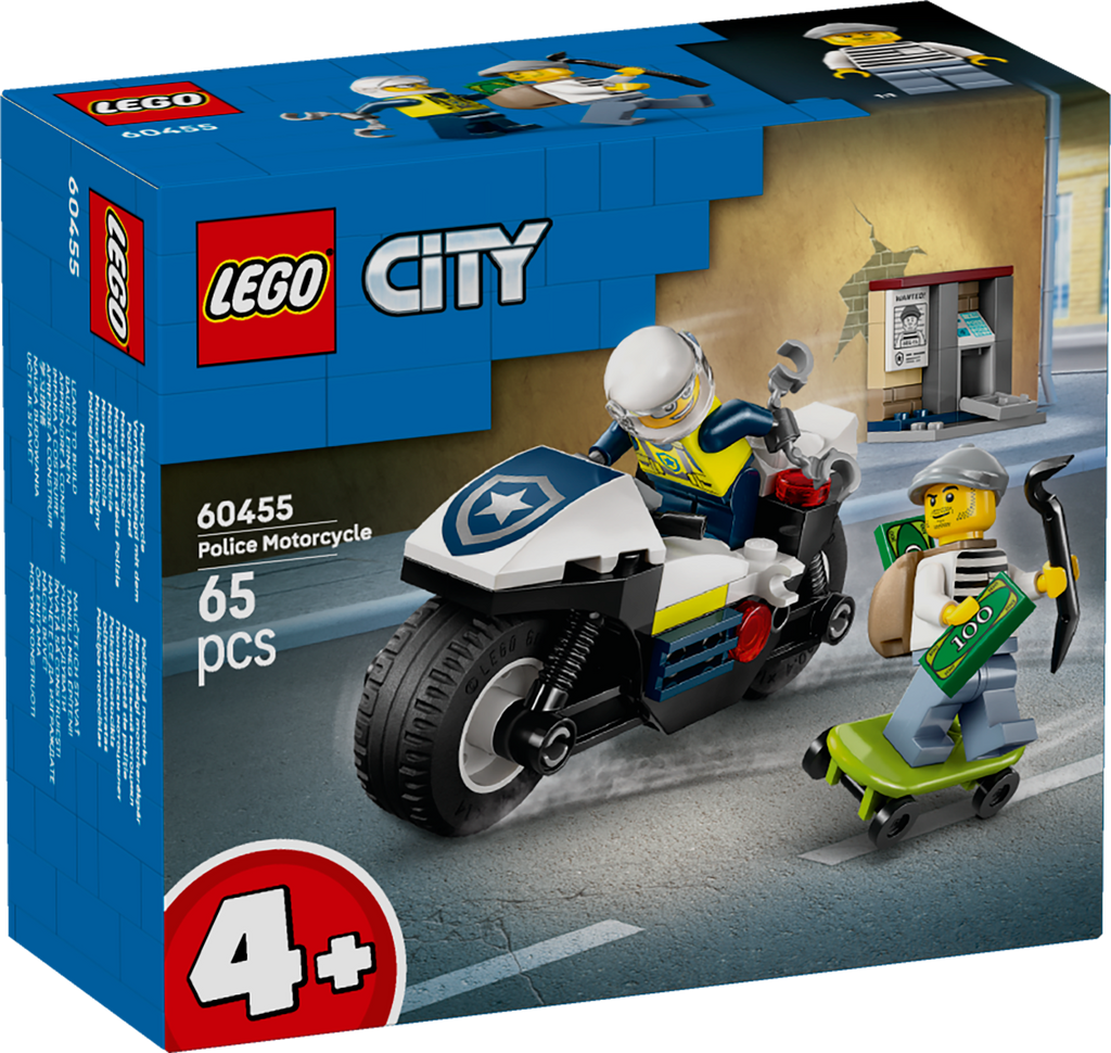 Caja del set LEGO City 60455 persecución en moto de policía, 65 piezas, 4+